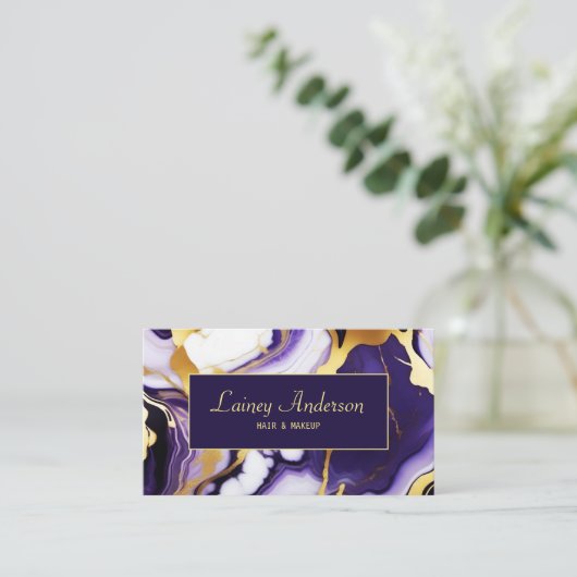 はっきりしたトレンディー紫イエロー金ゴールド大理石フェイク 名刺 (スタンド正面)