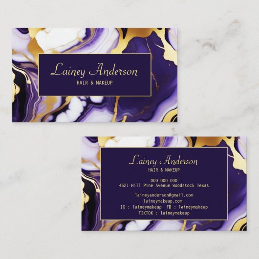 はっきりしたトレンディー紫イエロー金ゴールド大理石フェイク 名刺 (正面/裏面)