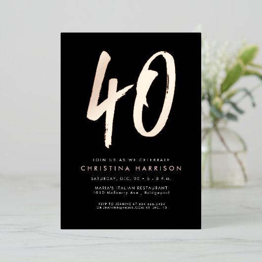 はっきりしたバラ金ゴールドスタイリッシュおもしろい40歳の誕生日パーティー 箔招待状 (立ち正面)