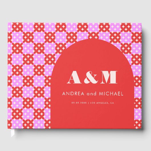 はっきりしたピンクと赤の半モダン世紀ア結婚チ ゲストブック (正面)