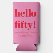 はっきりしたピンクモダンレッド50誕生日カスタム スリム缶クーラー (裏面)