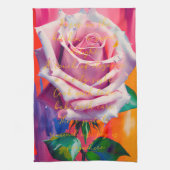 はっきりしたピンクローズ開花ボヘミアンアート キッチンタオル (縦)