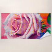 はっきりしたピンクローズ開花ボヘミアンアート ビーチタオル (正面)