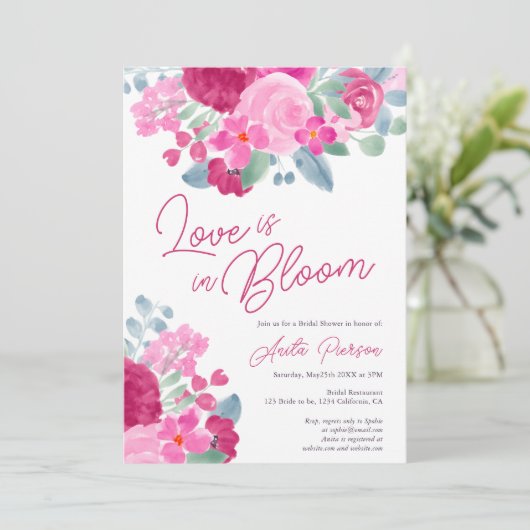 はっきりしたピンク梅フローラ水彩ブライダルシャワー 招待状 (スタンド正面)