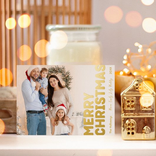 はっきりしたフルモダンフォトメリークリスマス金ゴールド 箔シーズンカード