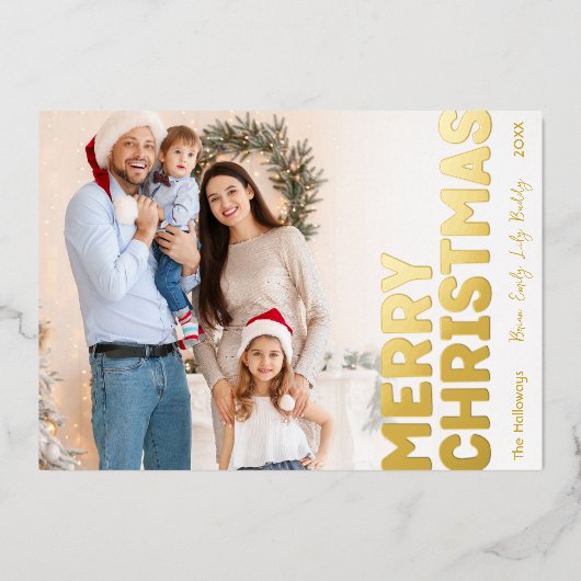 はっきりしたフルモダンフォトメリークリスマス金ゴールド 箔シーズンカード (正面)