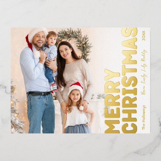 はっきりしたフルモダンフォトメリークリスマス金ゴールド 箔シーズンポストカード (正面)