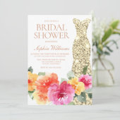 はっきりしたフローラカラフル金ゴールドドレスブライダルシャワー 招待状 (スタンド正面)