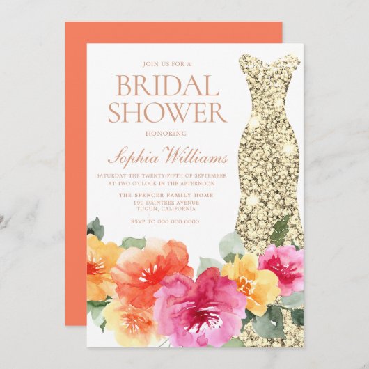 はっきりしたフローラカラフル金ゴールドドレスブライダルシャワー 招待状 (正面/裏面)