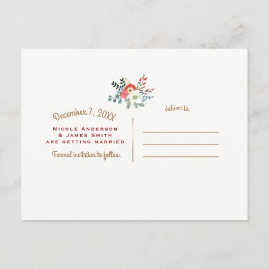 はっきりしたフローラダークファンキーシック結婚式の日付を保存 案内ポストカード (裏面)