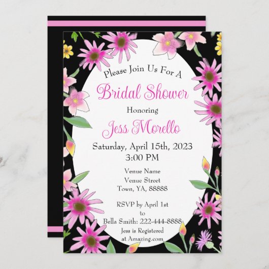 はっきりしたフローラブライダルシャワーブラックピンク水色 招待状 (正面/裏面)