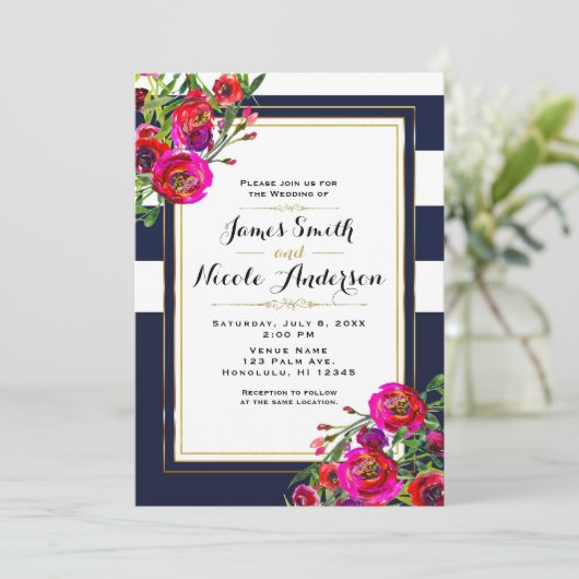 はっきりしたフローラブルーと金ゴールドエレガントモダン結婚ズ 招待状 (スタンド正面)