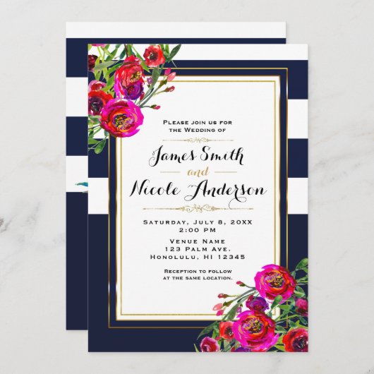 はっきりしたフローラブルーと金ゴールドエレガントモダン結婚ズ 招待状 (正面/裏面)