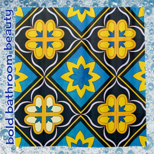 はっきりしたフローラブルーブラックゴールデンイエロータイルパターン シャワーカーテン