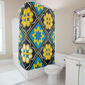 はっきりしたフローラブルーブラックゴールデンイエロータイルパターン シャワーカーテン (インサイチュ)