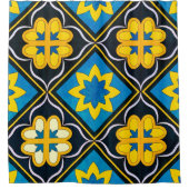 はっきりしたフローラブルーブラックゴールデンイエロータイルパターン シャワーカーテン (正面)