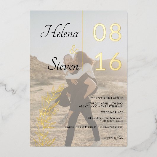 はっきりしたフローラ名白黒2枚結婚の写真 箔招待状 (正面)