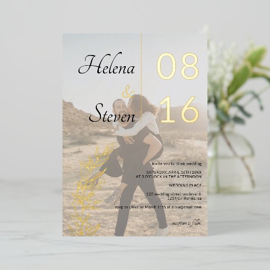 はっきりしたフローラ名白黒2枚結婚の写真 箔招待状 (立ち正面)