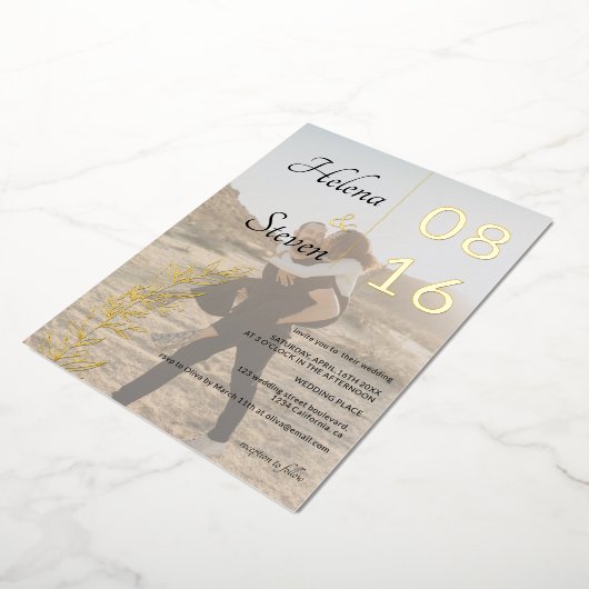 はっきりしたフローラ名白黒2枚結婚の写真 箔招待状 (回転した状態)