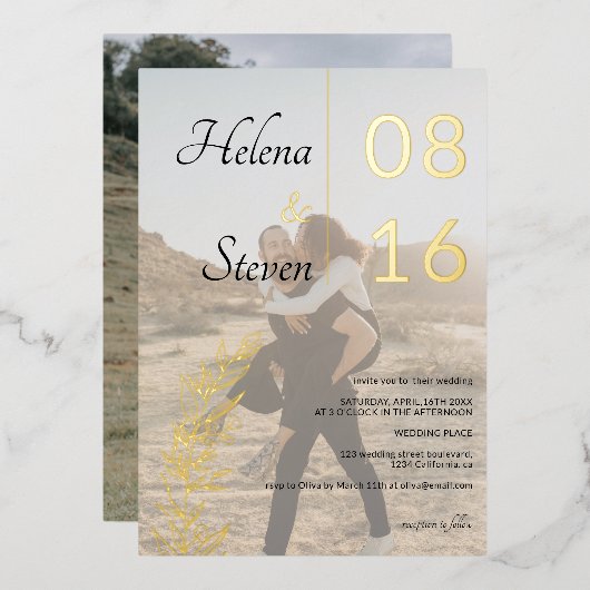 はっきりしたフローラ名白黒2枚結婚の写真 箔招待状 (正面/裏面)