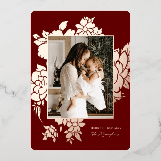 はっきりしたフローラ枠 | Burgundy |写真クリスマス 箔シーズンカード (正面)