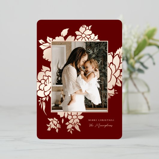 はっきりしたフローラ枠 | Burgundy |写真クリスマス 箔シーズンカード (立ち正面)