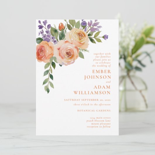 はっきりしたフローラ水彩桃結婚花 招待状 (スタンド正面)