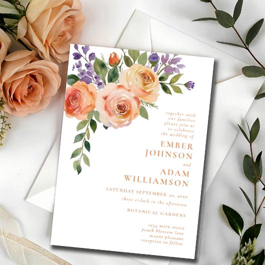 はっきりしたフローラ水彩桃結婚花 招待状