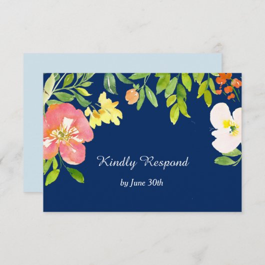 はっきりしたフローラ縁どネイビーブルーウェディングRSVP 出欠カード (正面/裏面)