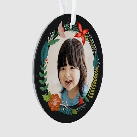 はっきりしたフローラ&パインパーソナライズされたフォトホリデー オーナメント (正面)