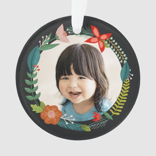 はっきりしたフローラ&パインパーソナライズされたフォトホリデー オーナメント (正面)