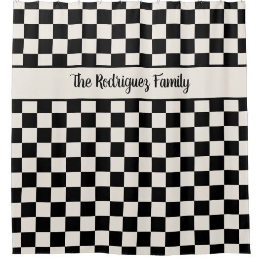 はっきりしたブラッククリ市松模様にームパターン名前をカスタムする シャワーカーテン (正面)