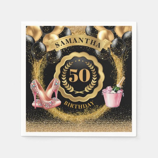 はっきりしたブラックバルーンデザイン付きピンクのヒールのナプキン スタンダードカクテルナプキン (正面)