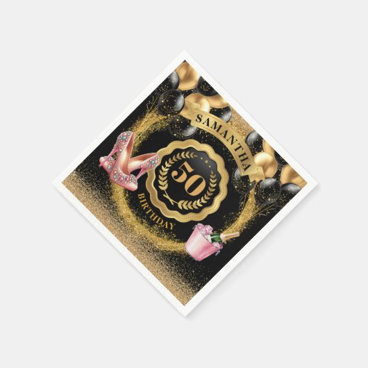 はっきりしたブラックバルーンデザイン付きピンクのヒールのナプキン スタンダードカクテルナプキン (角)