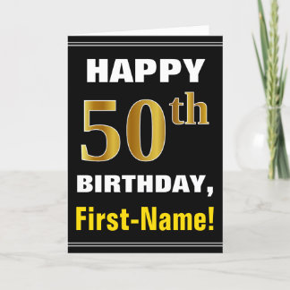 はっきりしたブラック、フェイク金ゴールド50番目の誕生日(名刺あり) カード