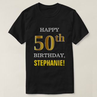 はっきりしたブラック、フェイク金ゴールド50th誕生日（名前シャツ付き） tシャツ