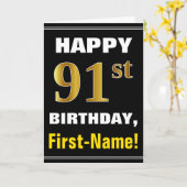 はっきりしたブラック、フェイク金ゴールド91番目の誕生日(名前カード付き) カード (黄色い花)