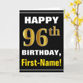 はっきりしたブラック、フェイク金ゴールド96番目の誕生日(名前カード付き) カード (黄色い花)