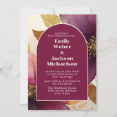 はっきりしたブルゴーニュ梅金ゴールドフローラ結婚アーチ 招待状 (正面)