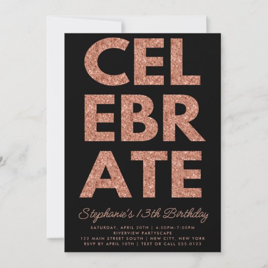 はっきりしたブ祝ロク、バラ金ゴールドグリッター誕生日 招待状 (正面)