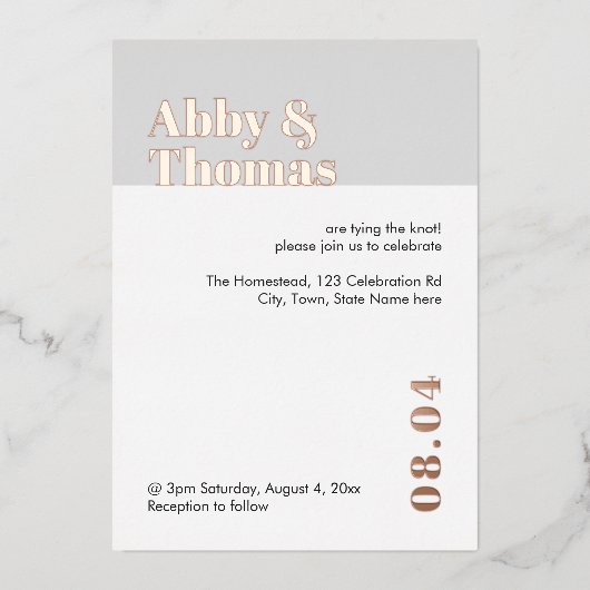 はっきりしたミニマモダンリスト結婚グレイバラ金ゴールド  箔招待状 (正面)