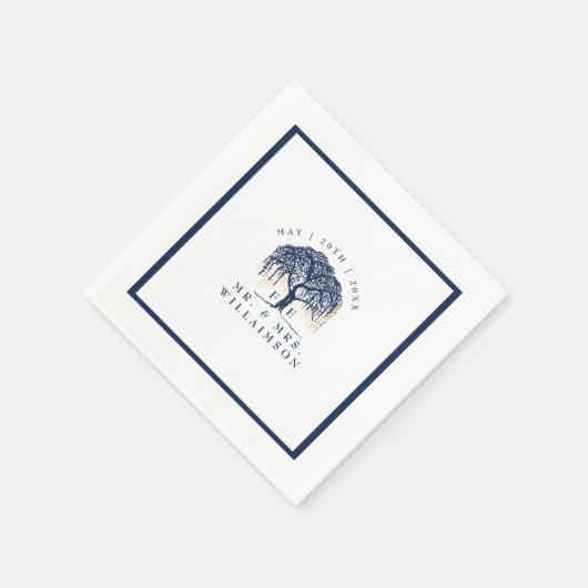 はっきりしたモダンウィローツリーネイビーブルー金ゴールド結婚 スタンダードカクテルナプキン (角)