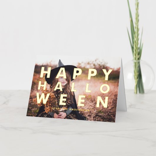 はっきりしたモダンタイポグラフィハッピーハローウィン 箔グリーティングカード (正面)