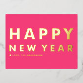 はっきりしたモダンタイポグラフィホットピンクハッピーニューイヤー 箔シーズンポストカード (正面)