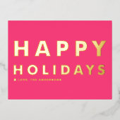 はっきりしたモダンタイポグラフィホットピンクハッピーホリデーズ 箔シーズンポストカード (正面)