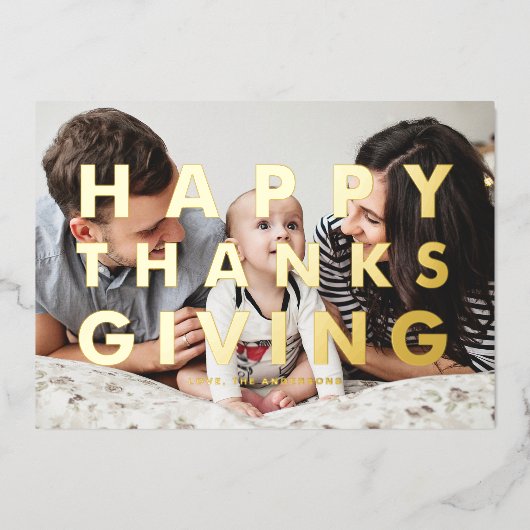 はっきりしたモダンタイポグラフィ写真ハッピーサンクスギビング 箔シーズンカード (正面)
