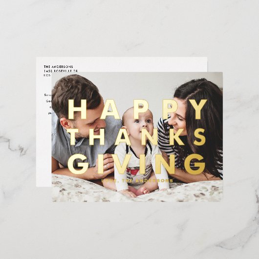 はっきりしたモダンタイポグラフィ写真ハッピーサンクスギビング 箔シーズンポストカード (正面/裏面)
