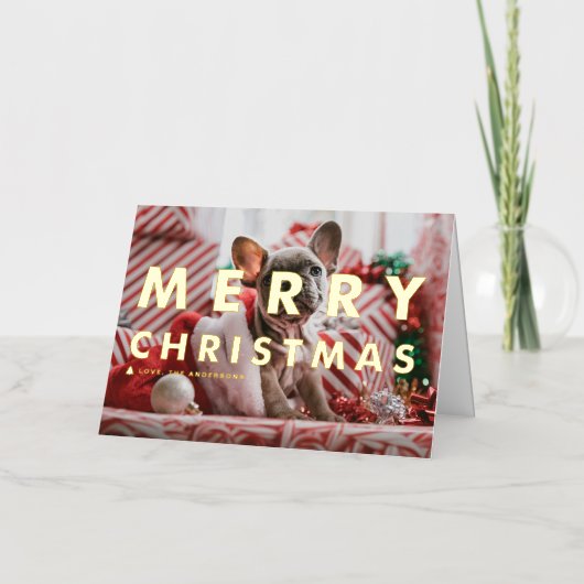 はっきりしたモダンタイポグラフィ写真メリークリスマス 箔グリーティングカード (正面)