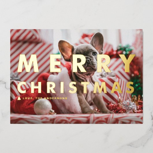 はっきりしたモダンタイポグラフィ写真メリークリスマス 箔シーズンカード (正面)