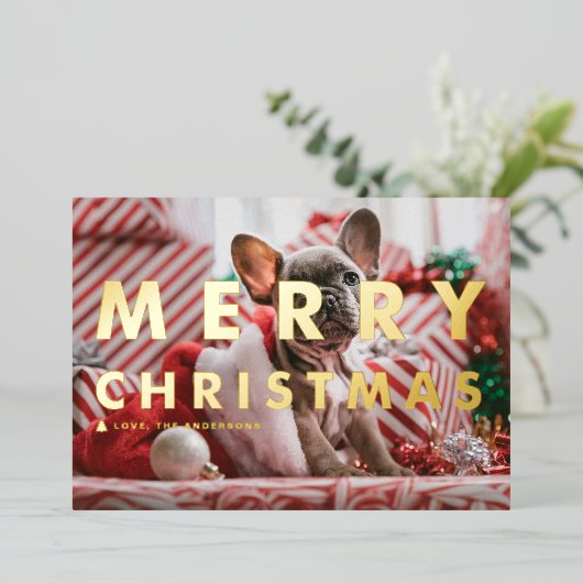 はっきりしたモダンタイポグラフィ写真メリークリスマス 箔シーズンカード (立ち正面)